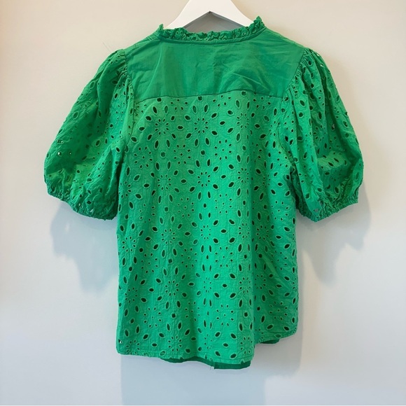 Women's Kelly Green Summer Casual Top Puff Short Sleeve Eyelet Trad Wife Brunch - Picture 7 of 11